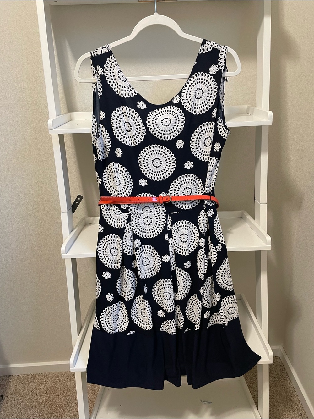 Tiana B. Navy and White Floral Fit-and-Flare Dress with Red Belt